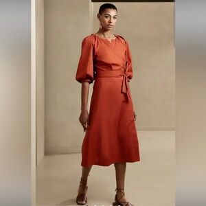 NWT BANANA REPUBLIC SIZE S Dress Midi RUSTIC‎ ORANGE BLOUSON Puff Sleeve Wrap
